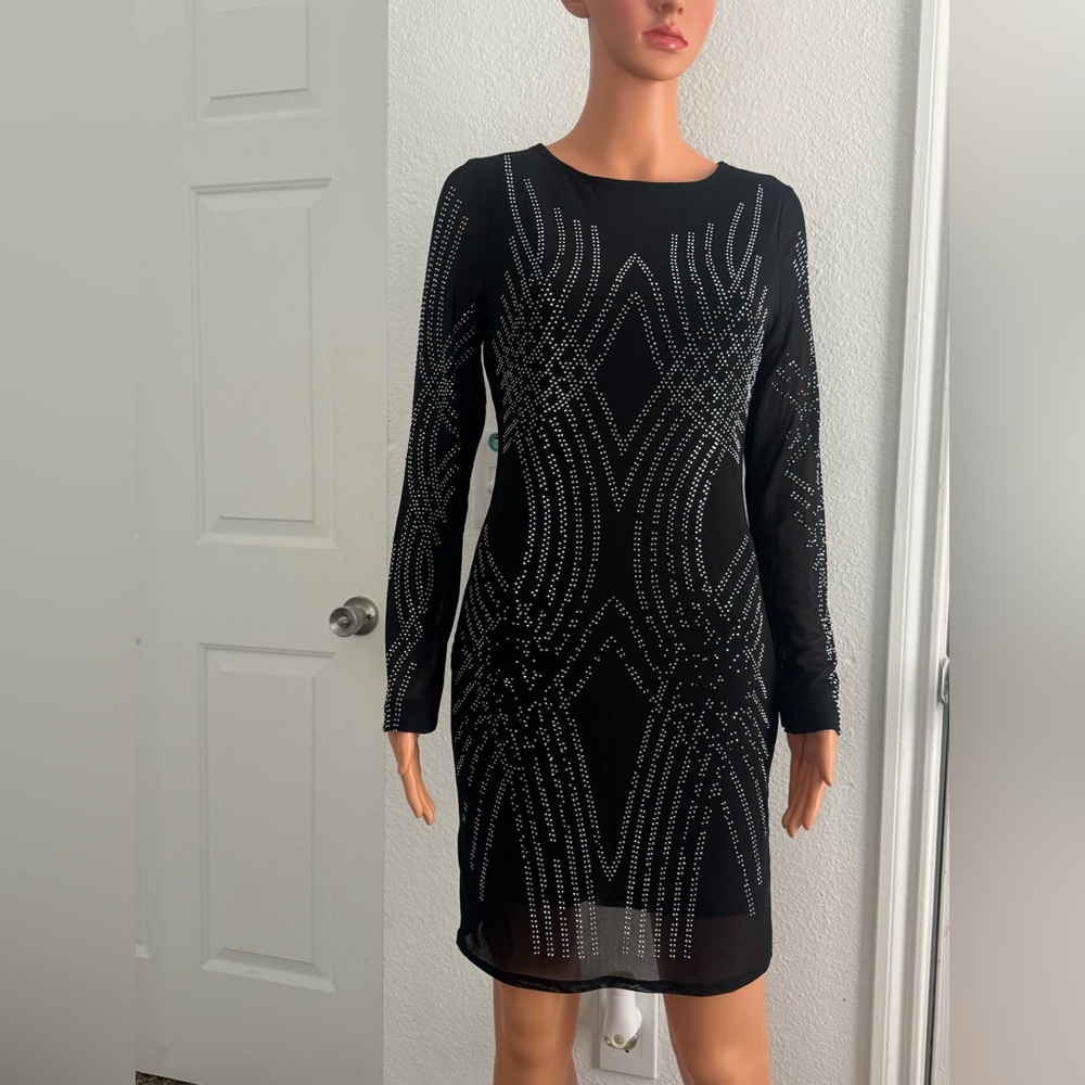Harlow Black Long Sleeve Rhinestone Sheath Dress